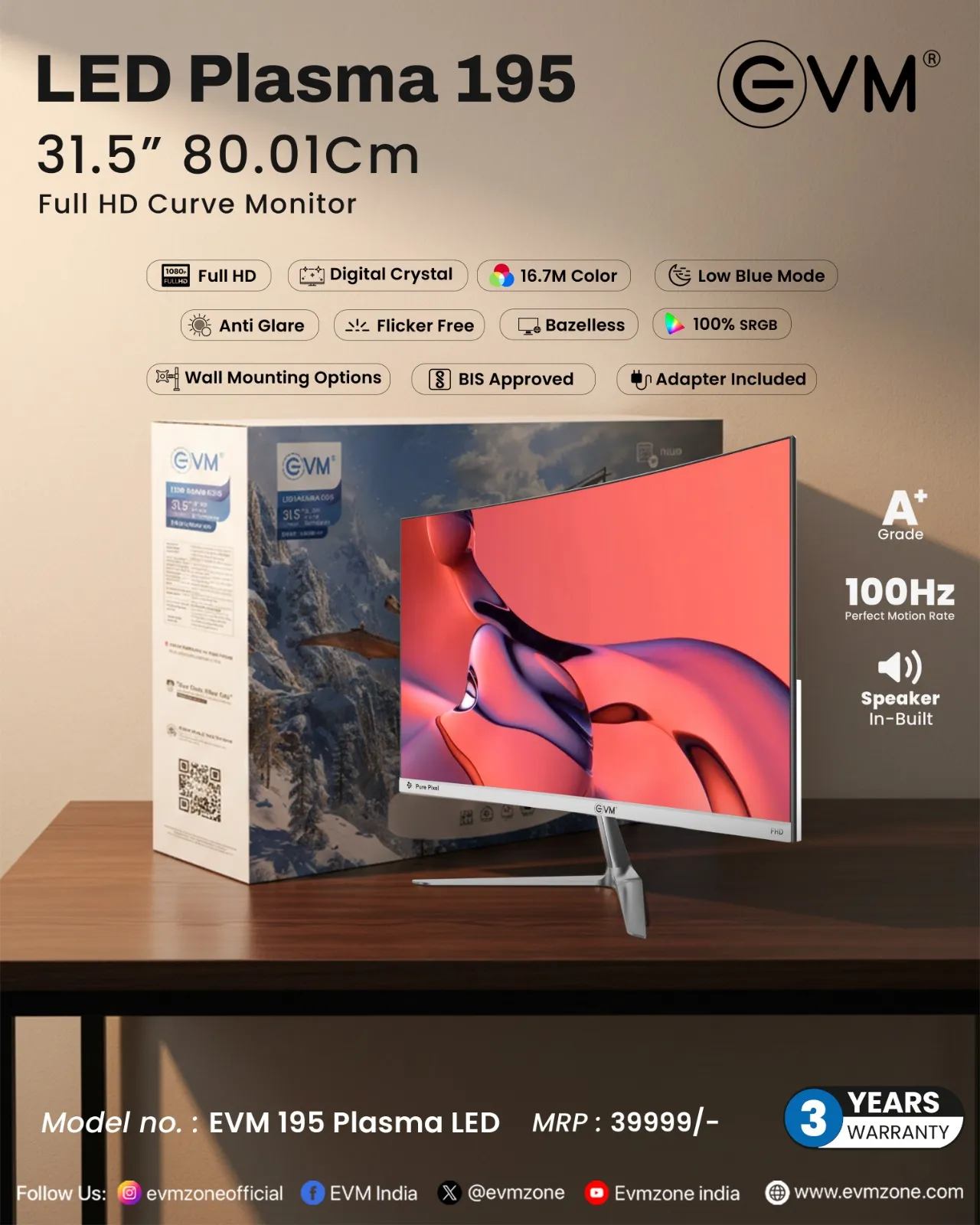 EVM LED Monitor 32" FHD VA 100Hz with HDMI | VGA | Speaker (190 Plasma) White view 4